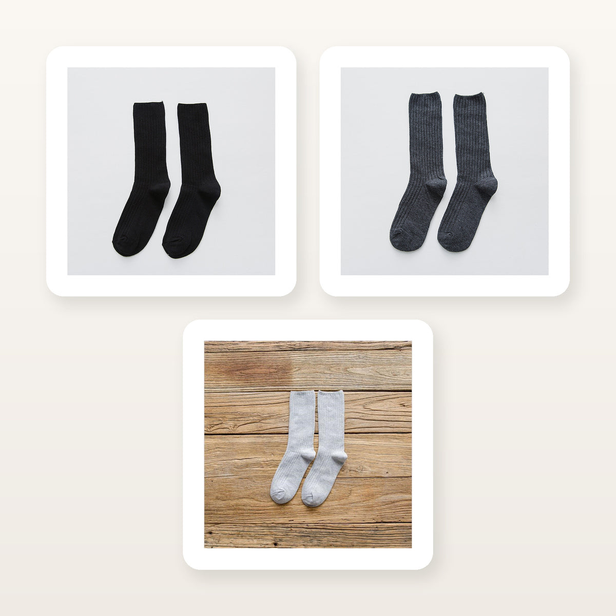 Chaussettes côtelées noires, gris foncé et gris clair