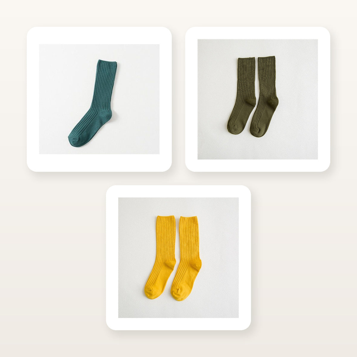 Chaussettes côtelées vert foncé, vert militaire et jaunes