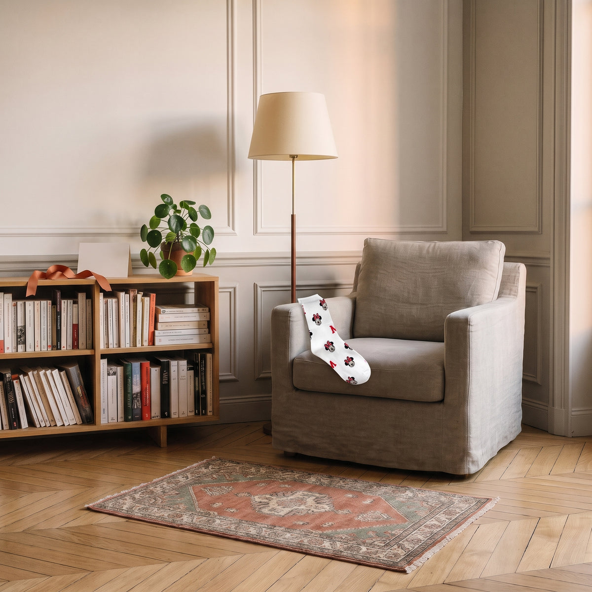 Une chaussette Minnie rouge posée dans un coin lecture avec une carte vierge Image