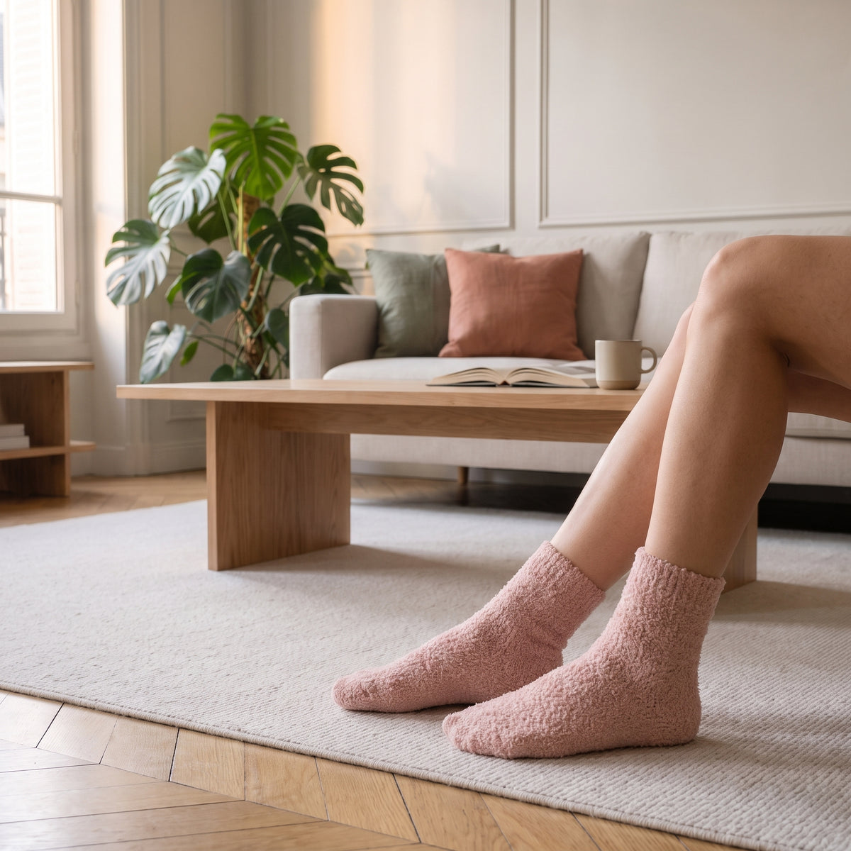Chaussettes duveteuses roses portées dans le salon