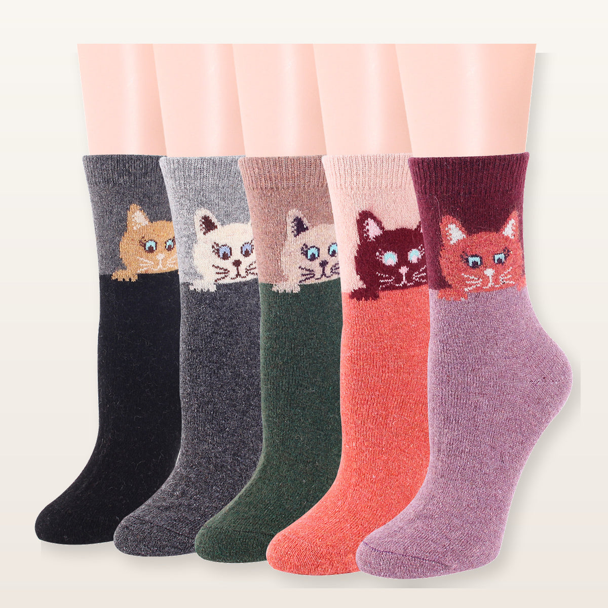 Cinq modèles de chaussettes chat assorties