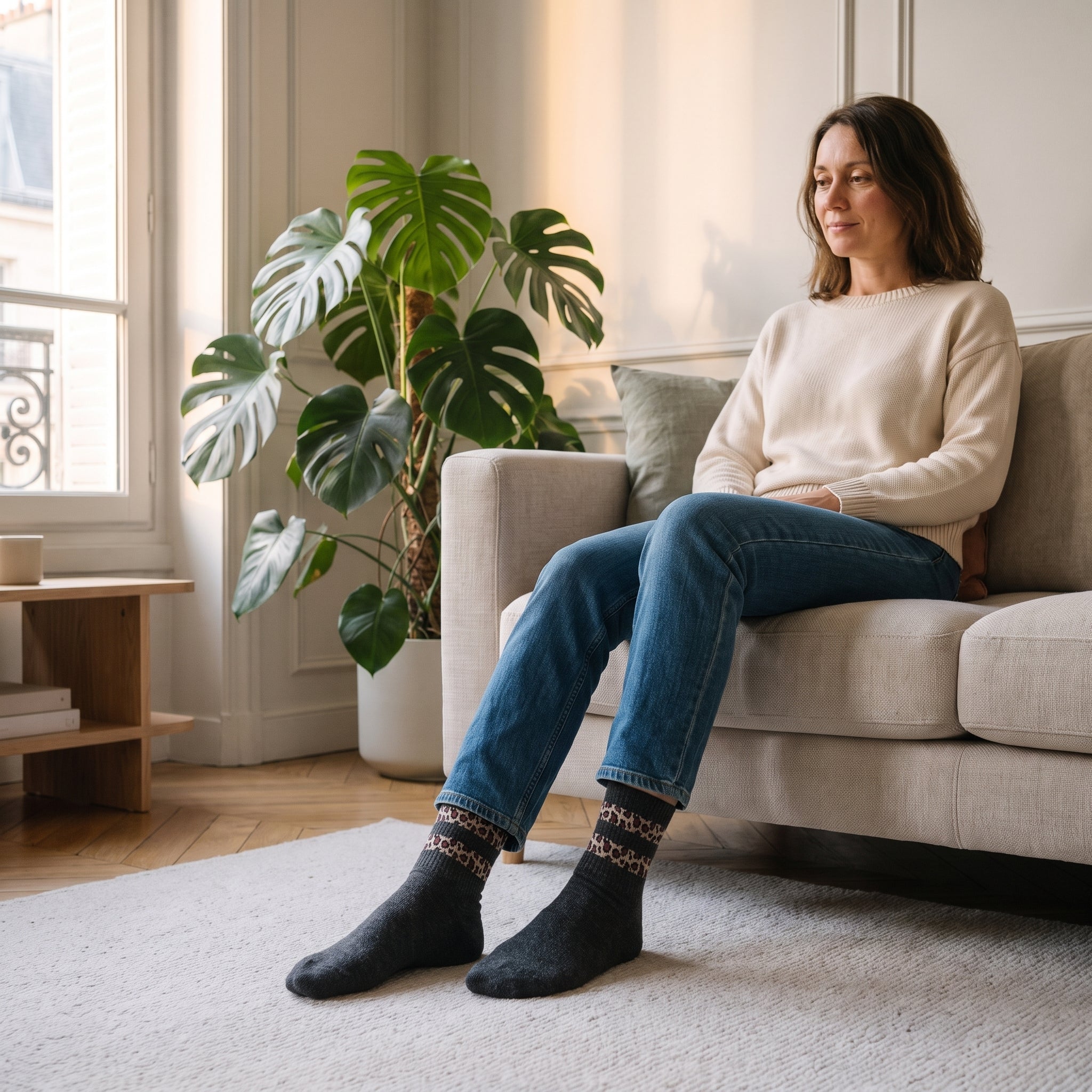 Chaussettes grises à rayures léopard portées, pieds au premier plan Image