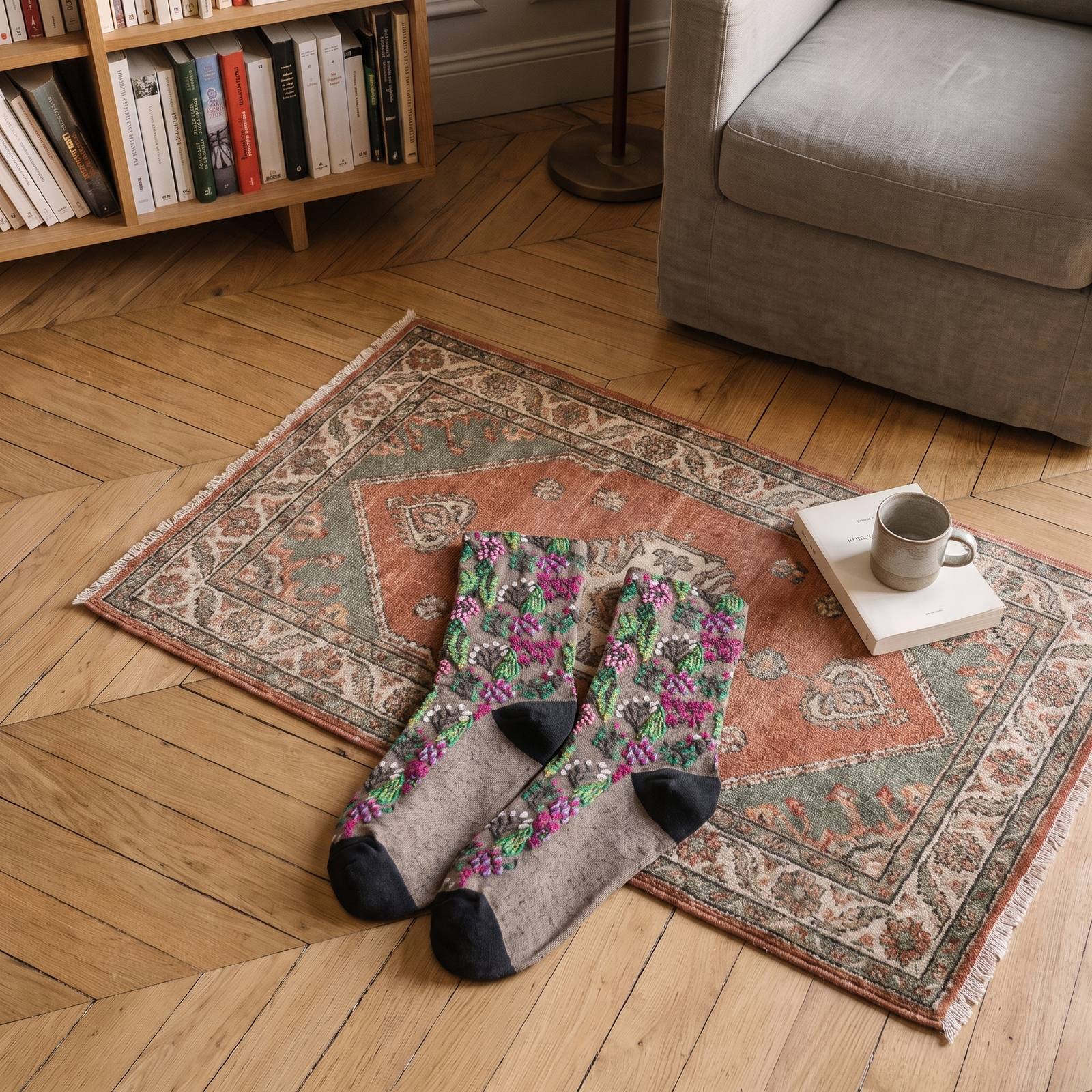 Paire de chaussettes fleuries beige posée à plat sur un tapis à médaillon terracotta, à côté d'un livre fermé et d'une tasse en grès Image