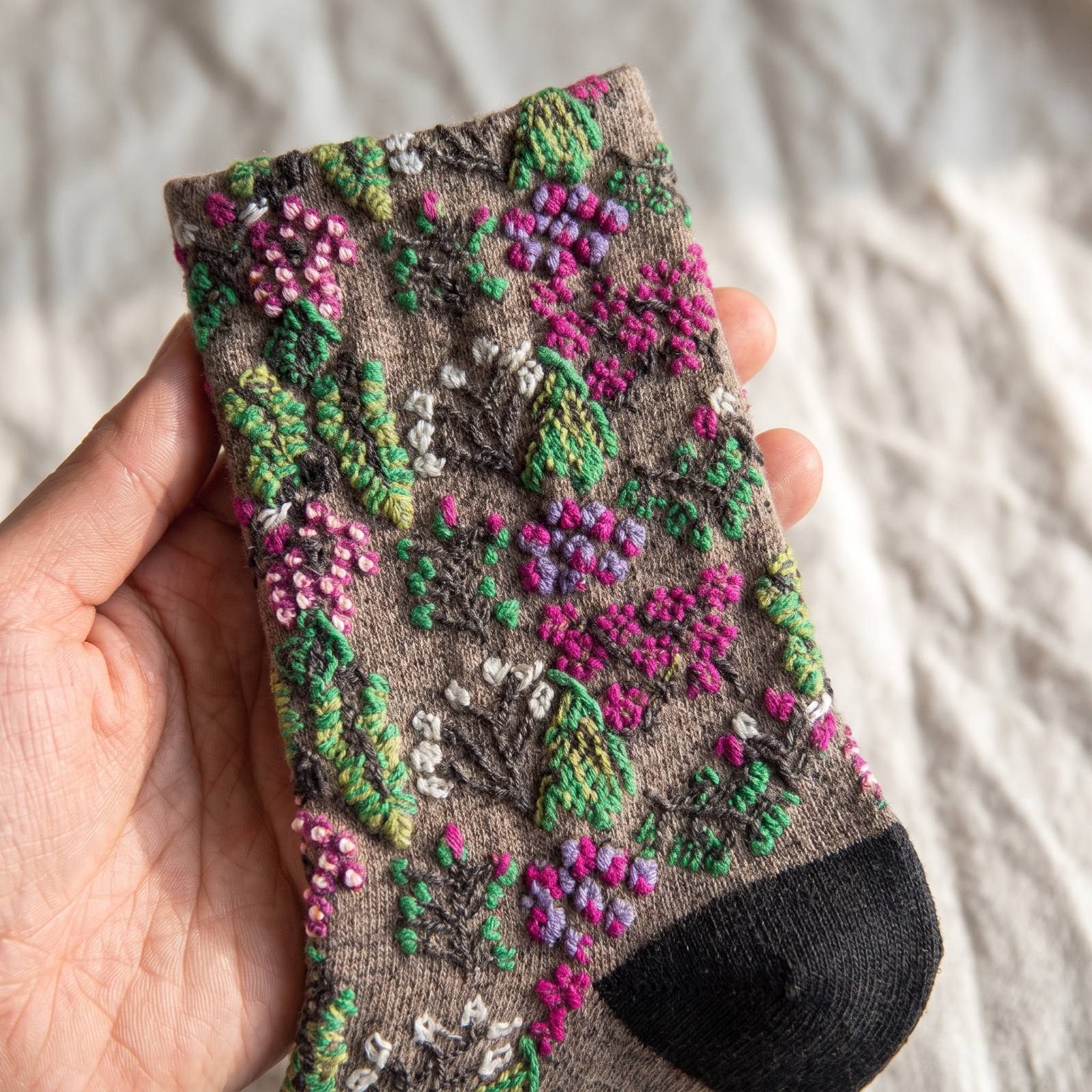 Gros plan sur la tige d'une chaussette fleurie tenue à la main, le semis de corolles et de baies se détache en relief au-dessus de la maille taupe Image
