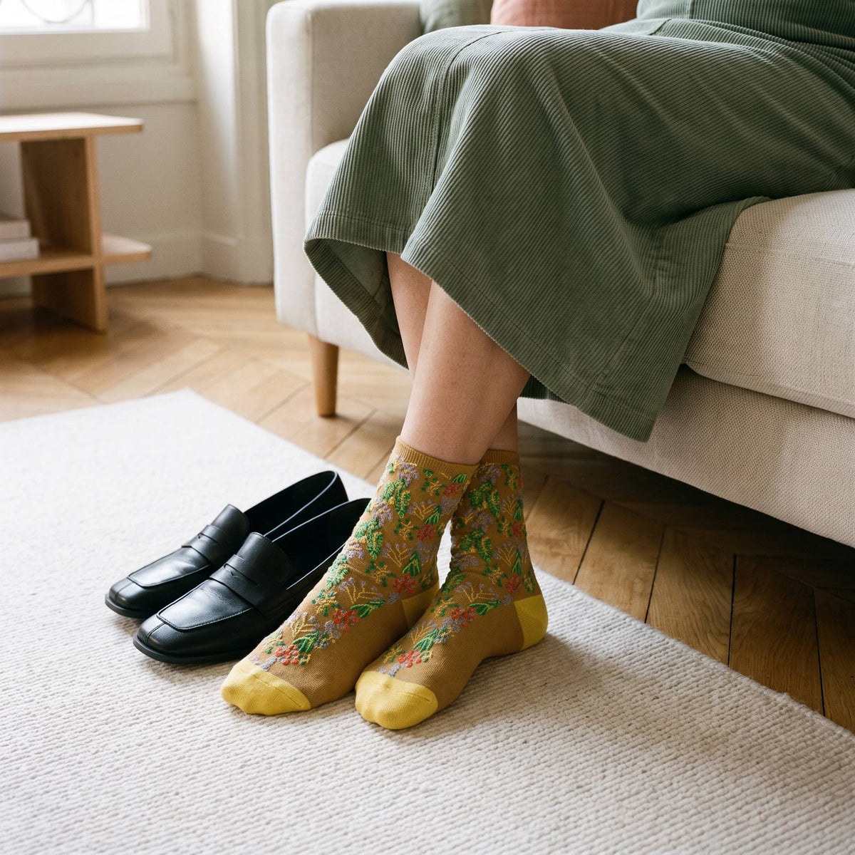 Chaussettes fleuries ocre portées, motif corail et vert et pointe jaune vif, à côté d'une paire de mocassins noirs posée sur le tapis