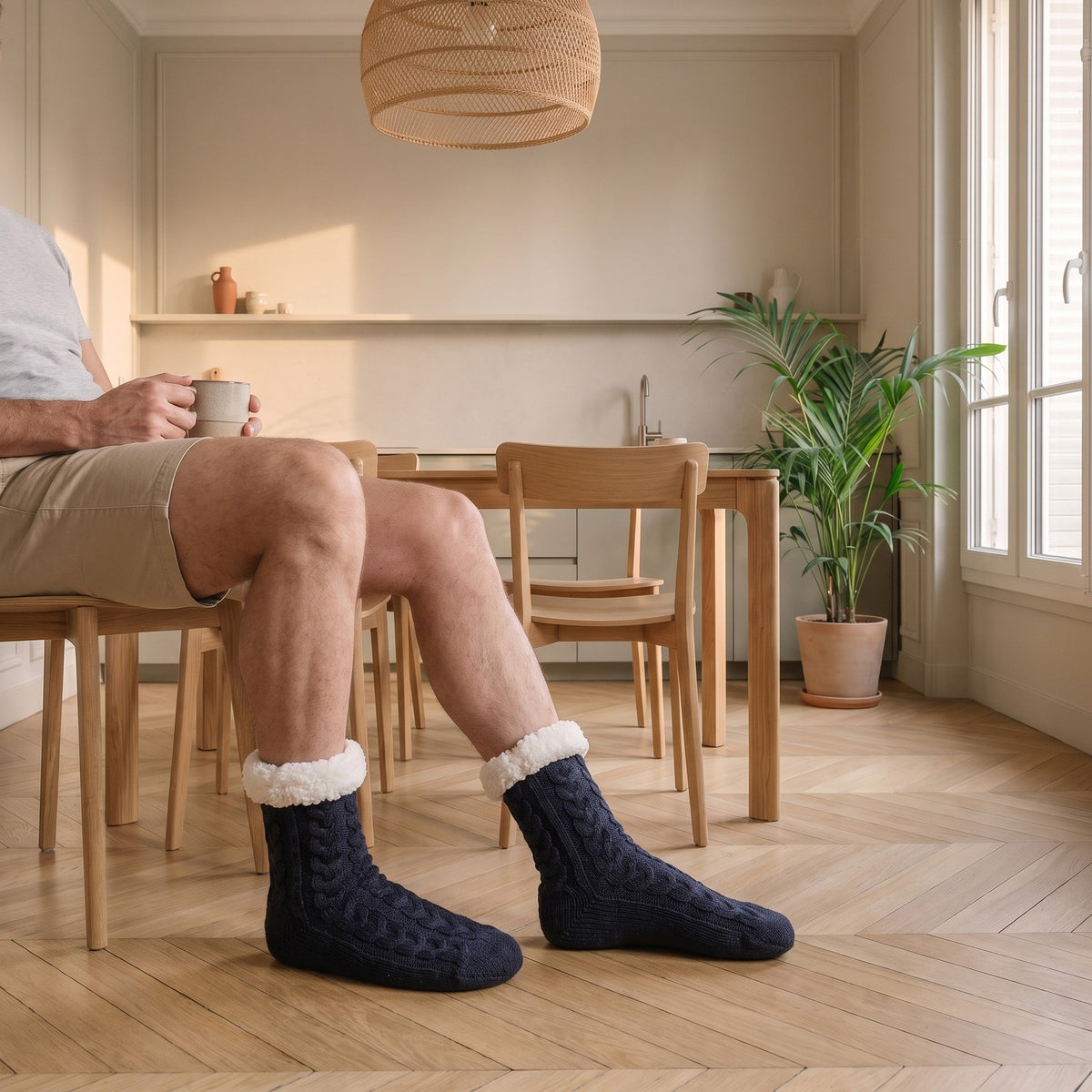 Chaussettes homme fourrées bleu marine portées dans un coin repas, sans cadre décoratif