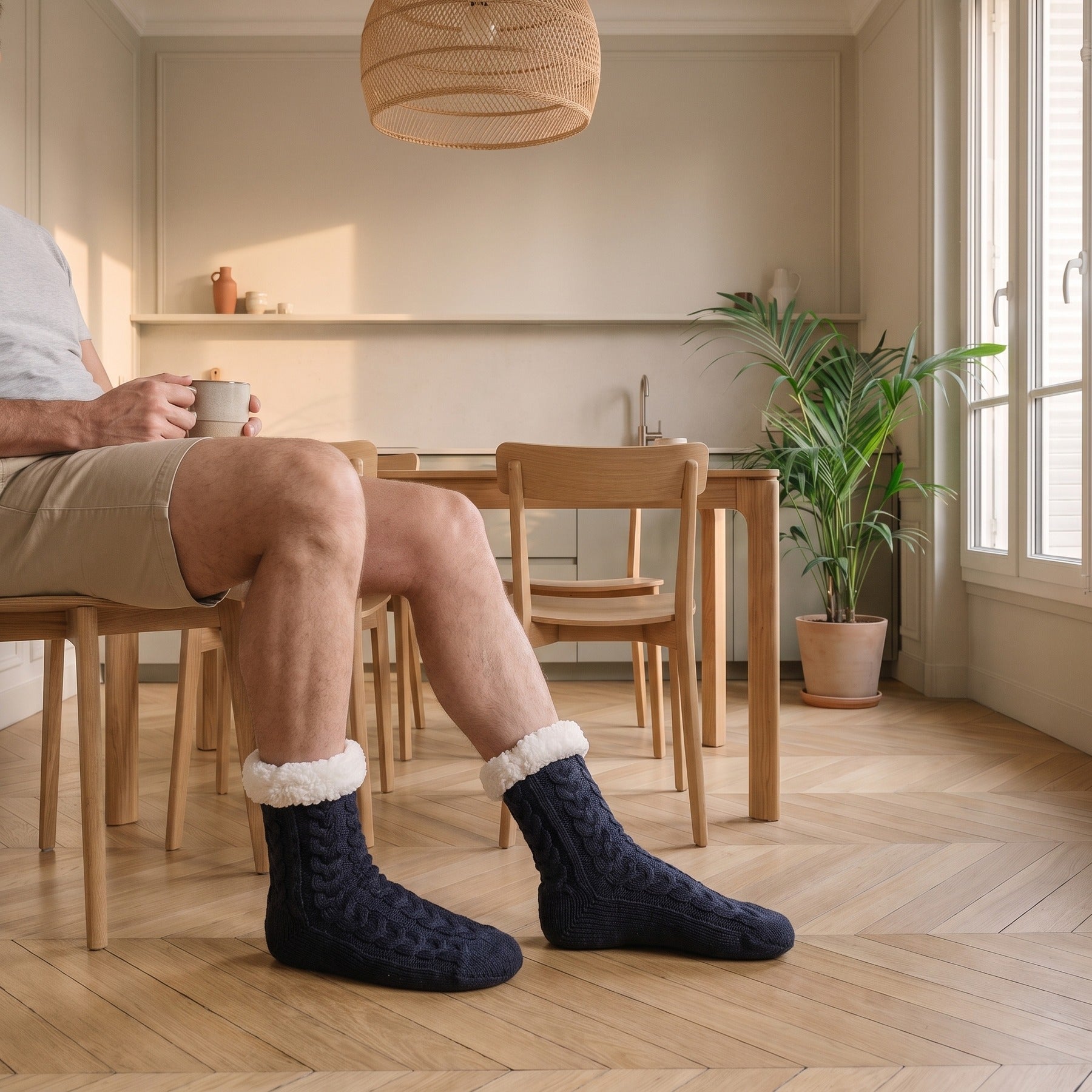 Chaussettes homme fourrées bleu marine portées dans un coin repas Image