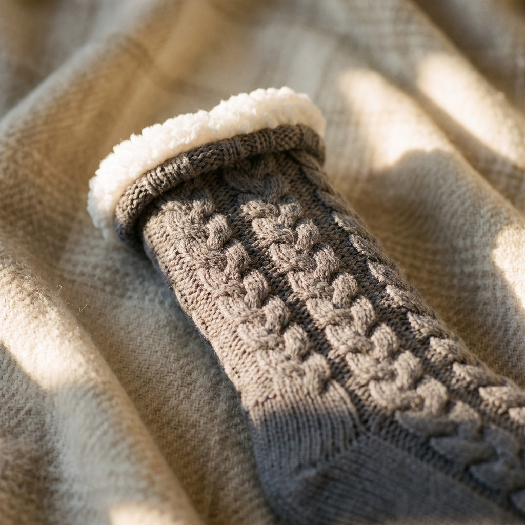 Détail du relief tricoté et du revers moutonné blanc des chaussettes fourrées
