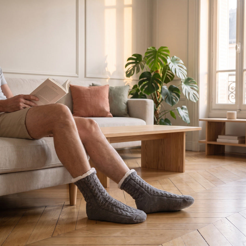 Chaussettes homme fourrées gris foncé portées dans le salon