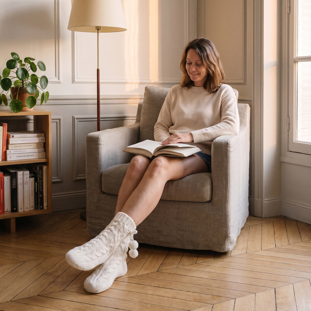 Chaussettes fourrées blanches à pompons portées dans un fauteuil de coin lecture