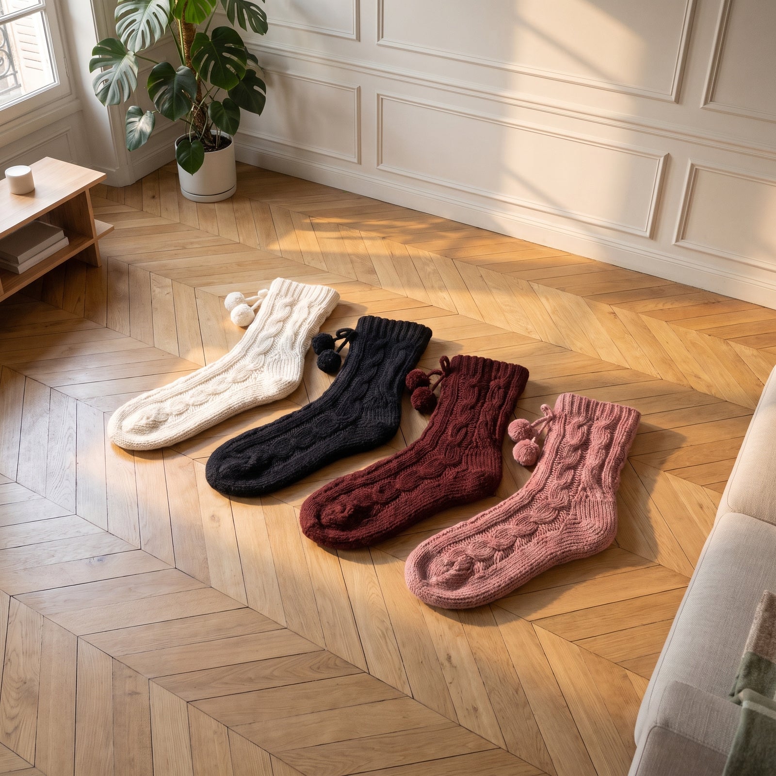 Les quatre coloris des chaussettes fourrées à pompons posés côte à côte Image