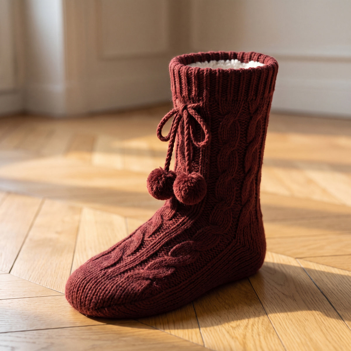 Chaussette fourrée rouge profond posée sur le parquet, cordon tricoté et deux pompons au centre