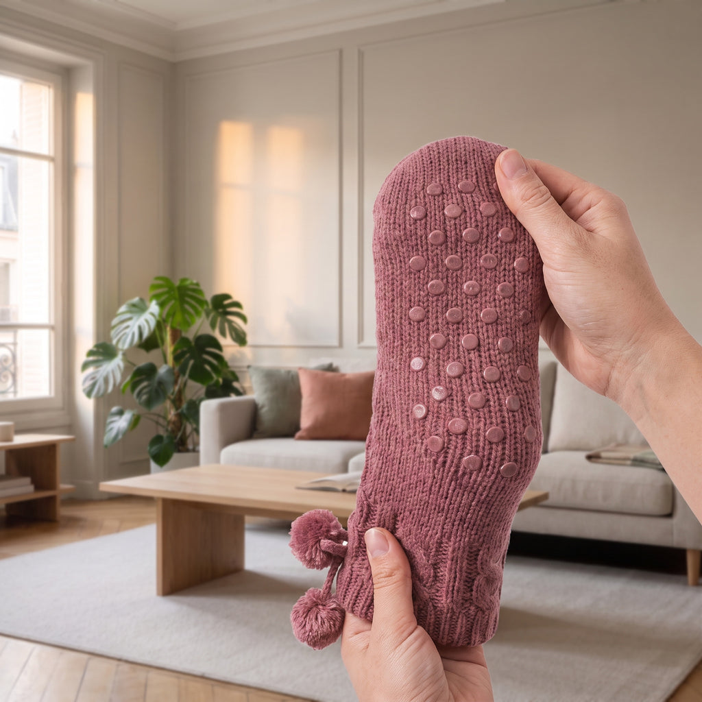 Semelle d’une chaussette fourrée vieux rose et ses picots antidérapants, tenue à deux mains