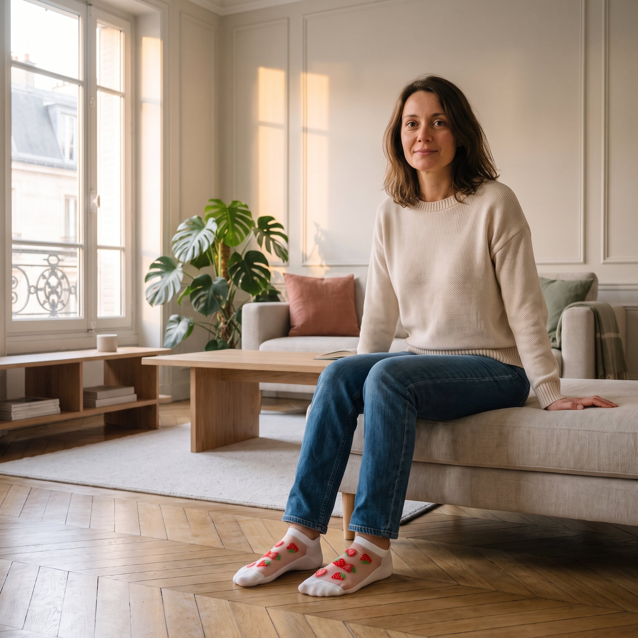 Socquettes blanches à fraises portées dans un salon lumineux Image