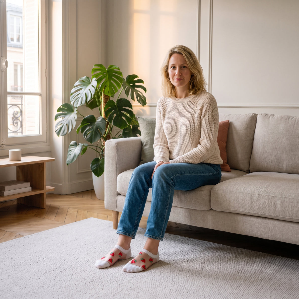 Pieds d’une femme portant les socquettes blanches transparentes à fraises