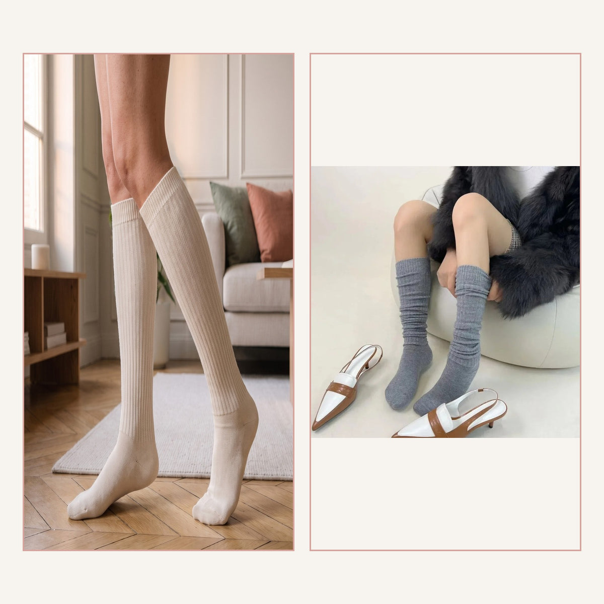 Chaussettes hautes portées tirées et plissées sur deux vues côte à côte Image