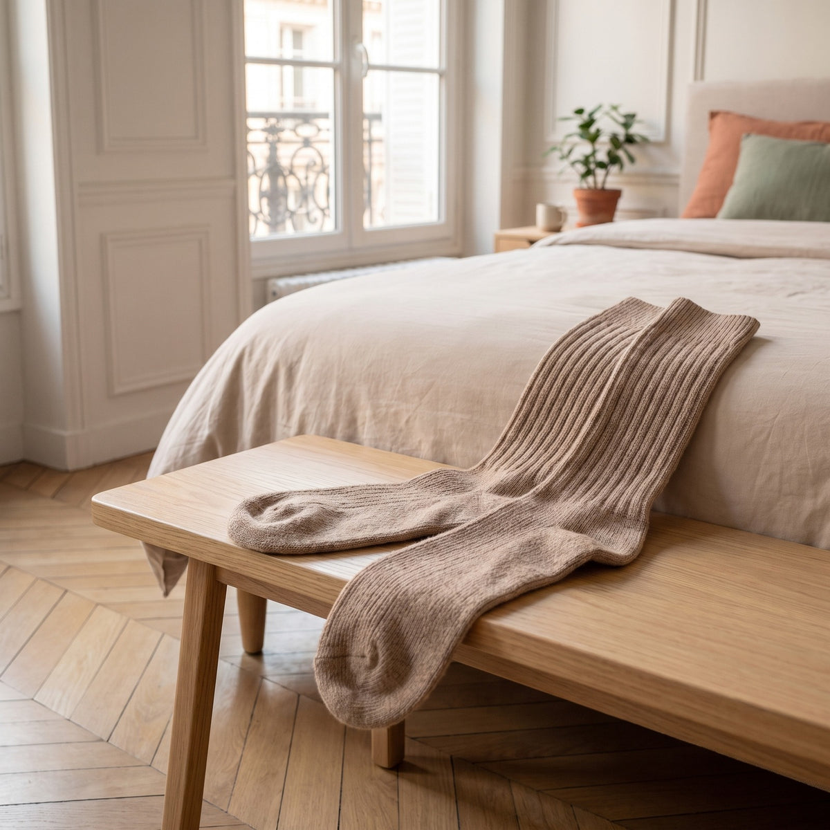 Paire de chaussettes hautes côtelées camel posée sur un banc