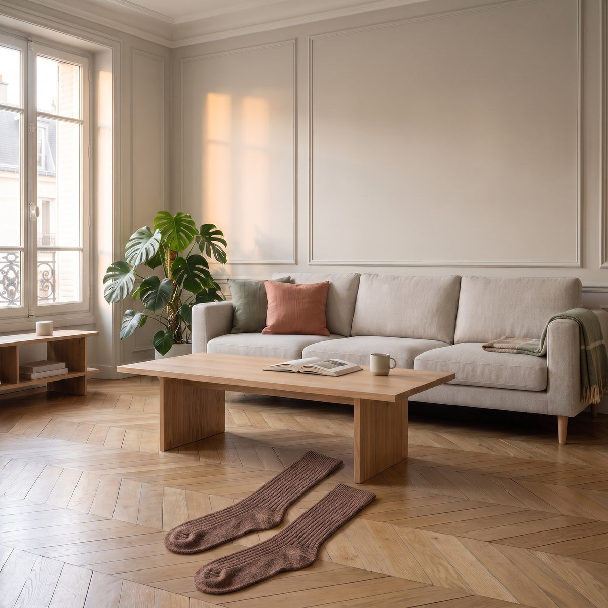 Paire de chaussettes hautes côtelées marron posée sur le parquet