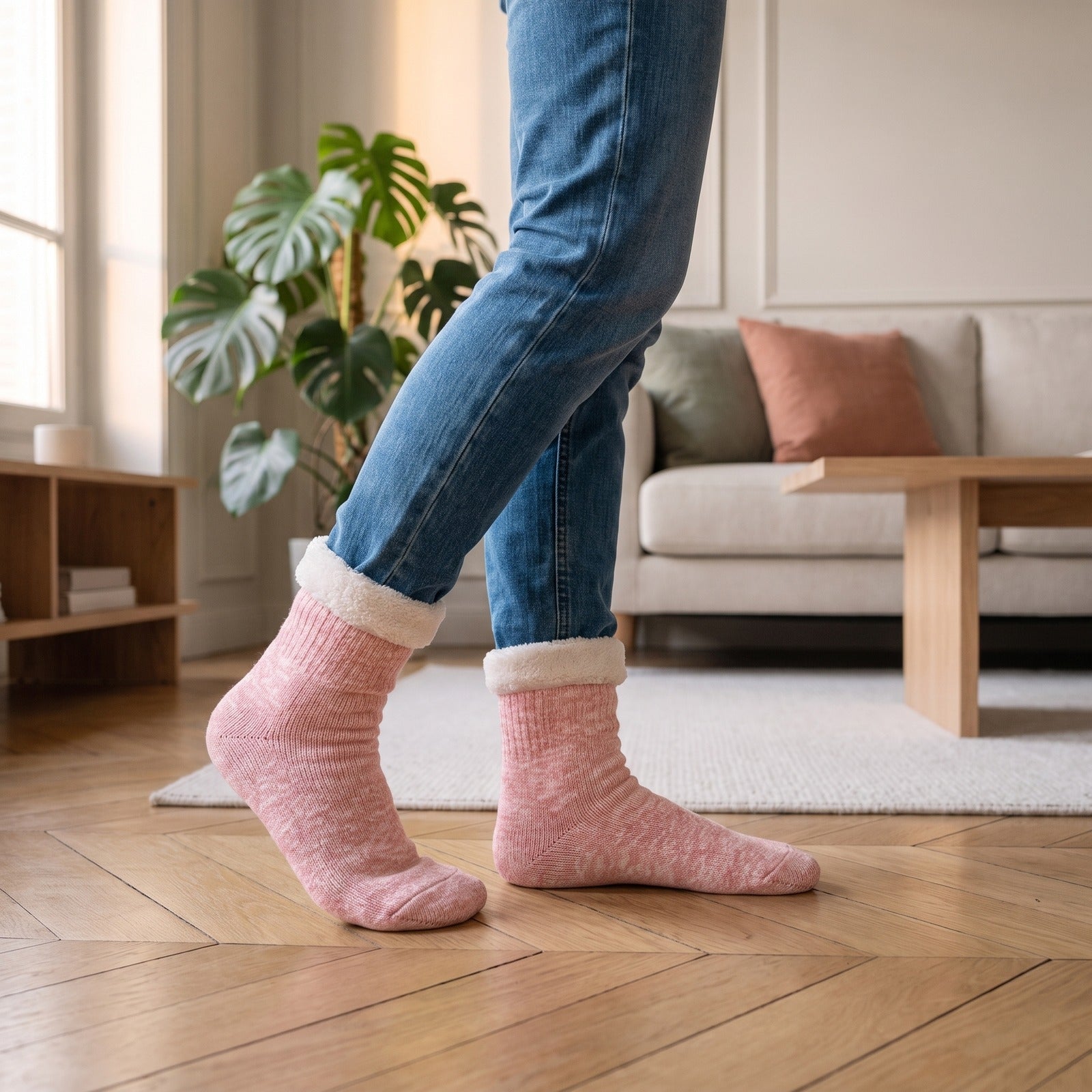 Chaussettes fourrées roses portées au moment de poser les pieds sur le parquet Image