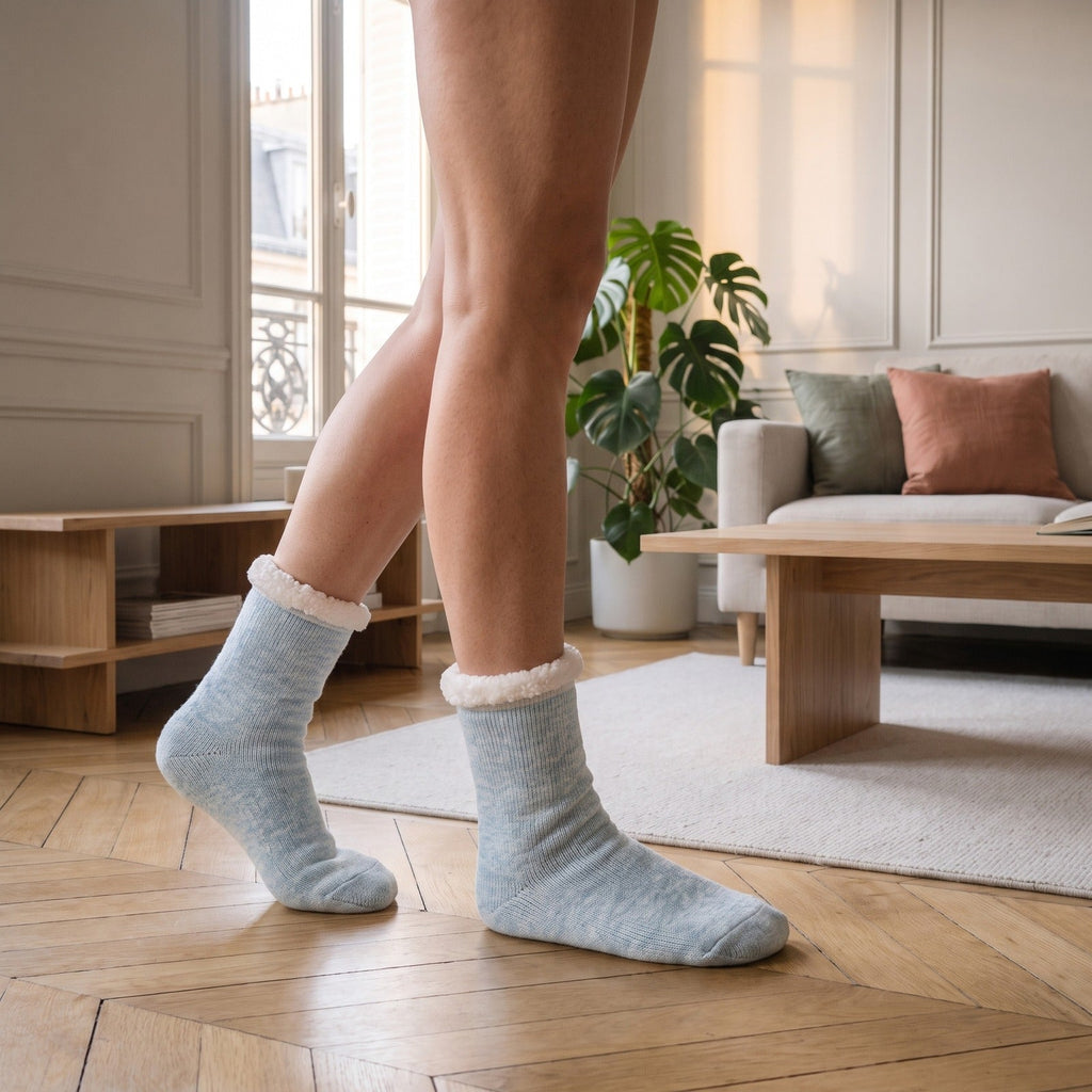 Chaussettes fourrées ciel portées en marchant dans le salon