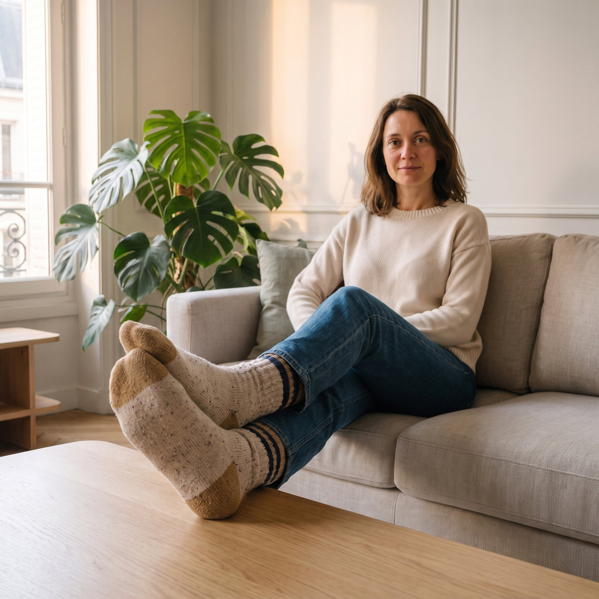 Chaussettes beiges mouchetées portées avec les pieds au premier plan