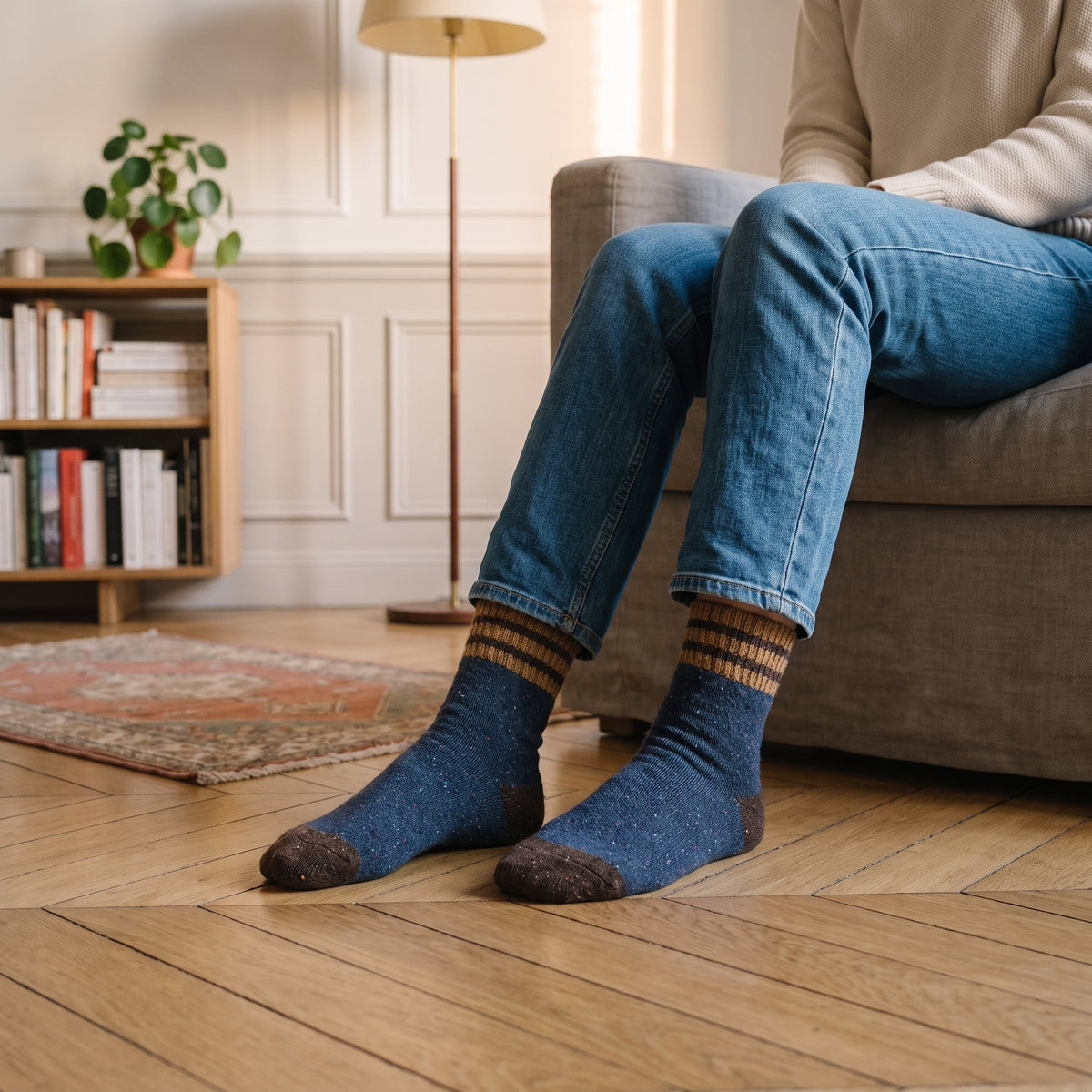 Vue rapprochée des chaussettes bleu marine portées dans le salon
