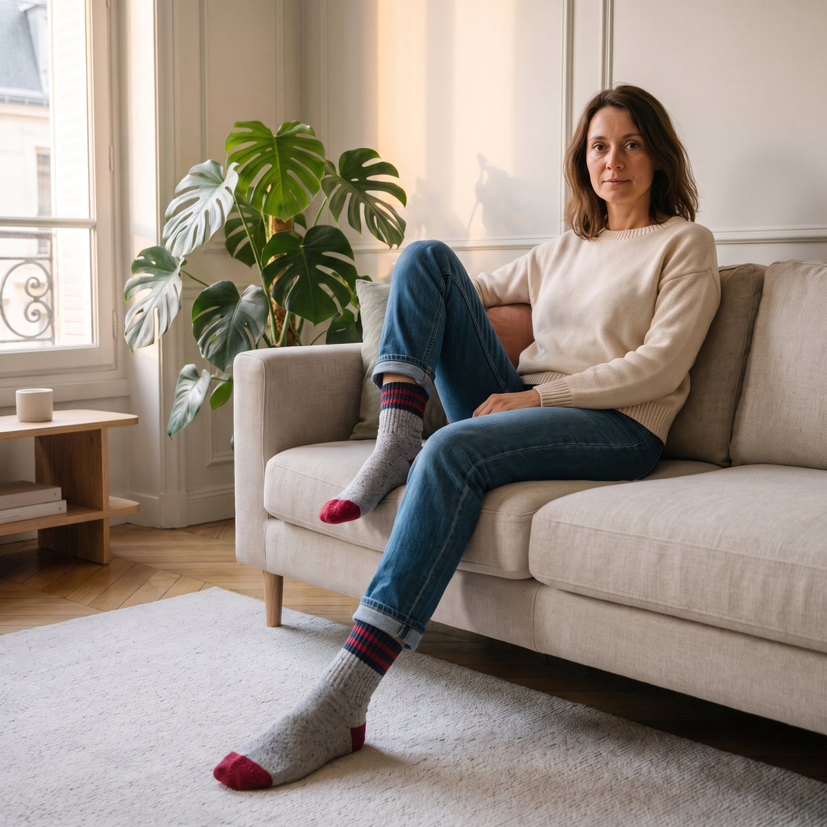 Chaussettes grises mouchetées portées avec les pieds au premier plan