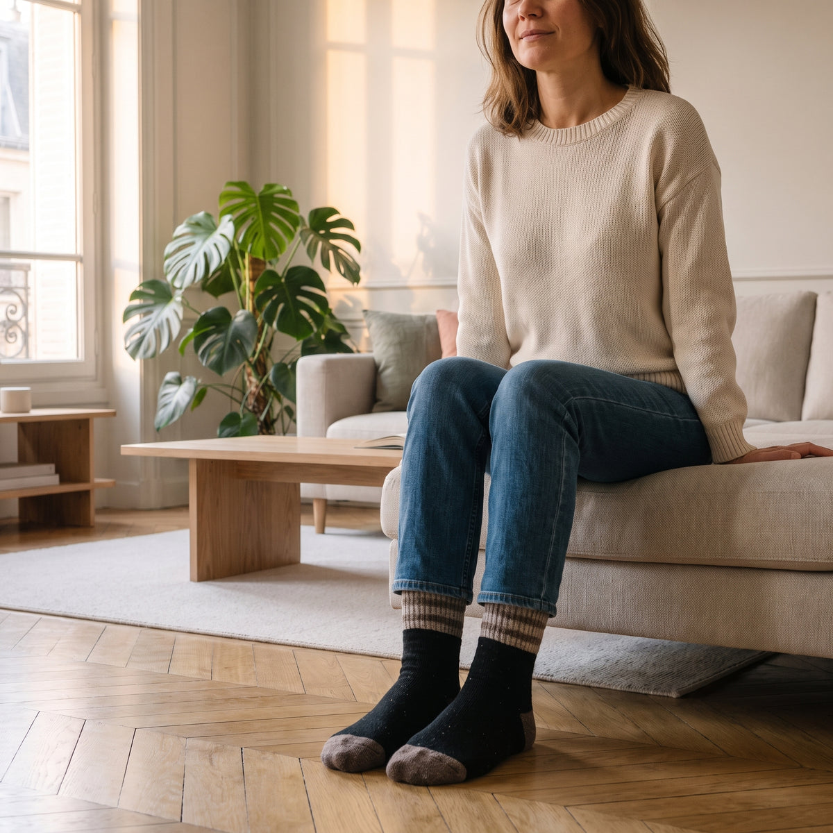Chaussettes noires mouchetées portées assise dans le salon