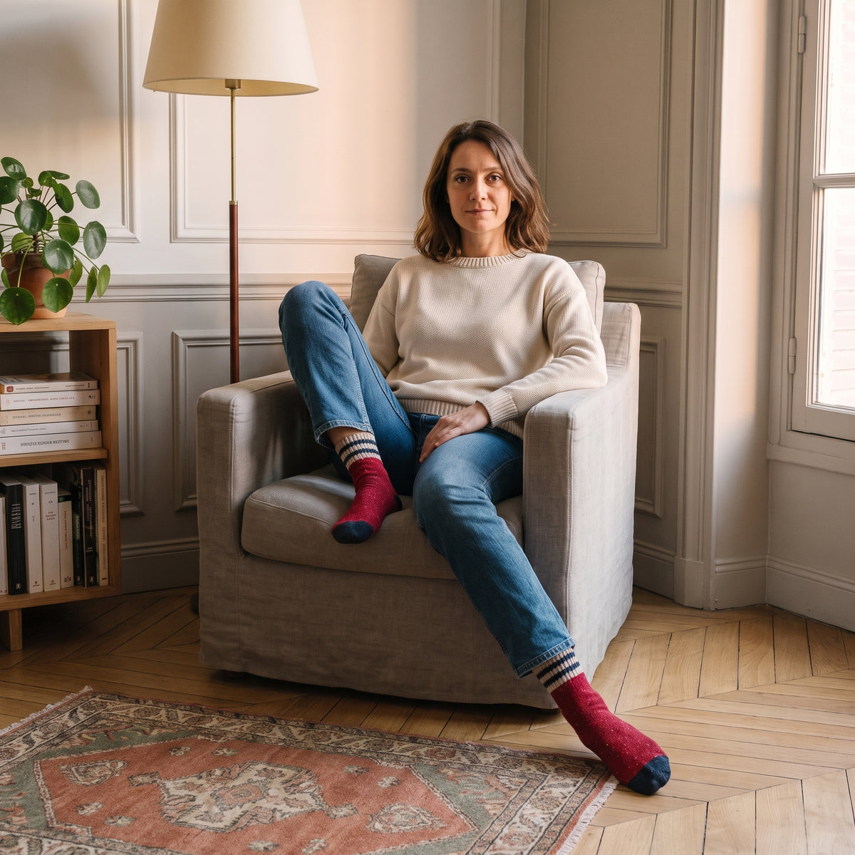 Chaussettes rouges à bord rayé portées dans un coin lecture