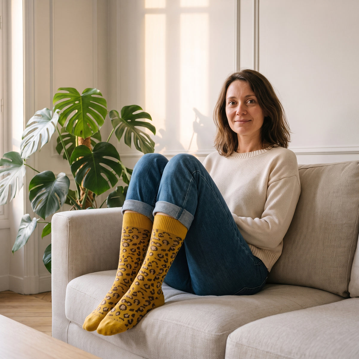 Femme assise sur un canapé écru, genoux repliés, chaussettes montantes léopard jaune moutarde au premier plan