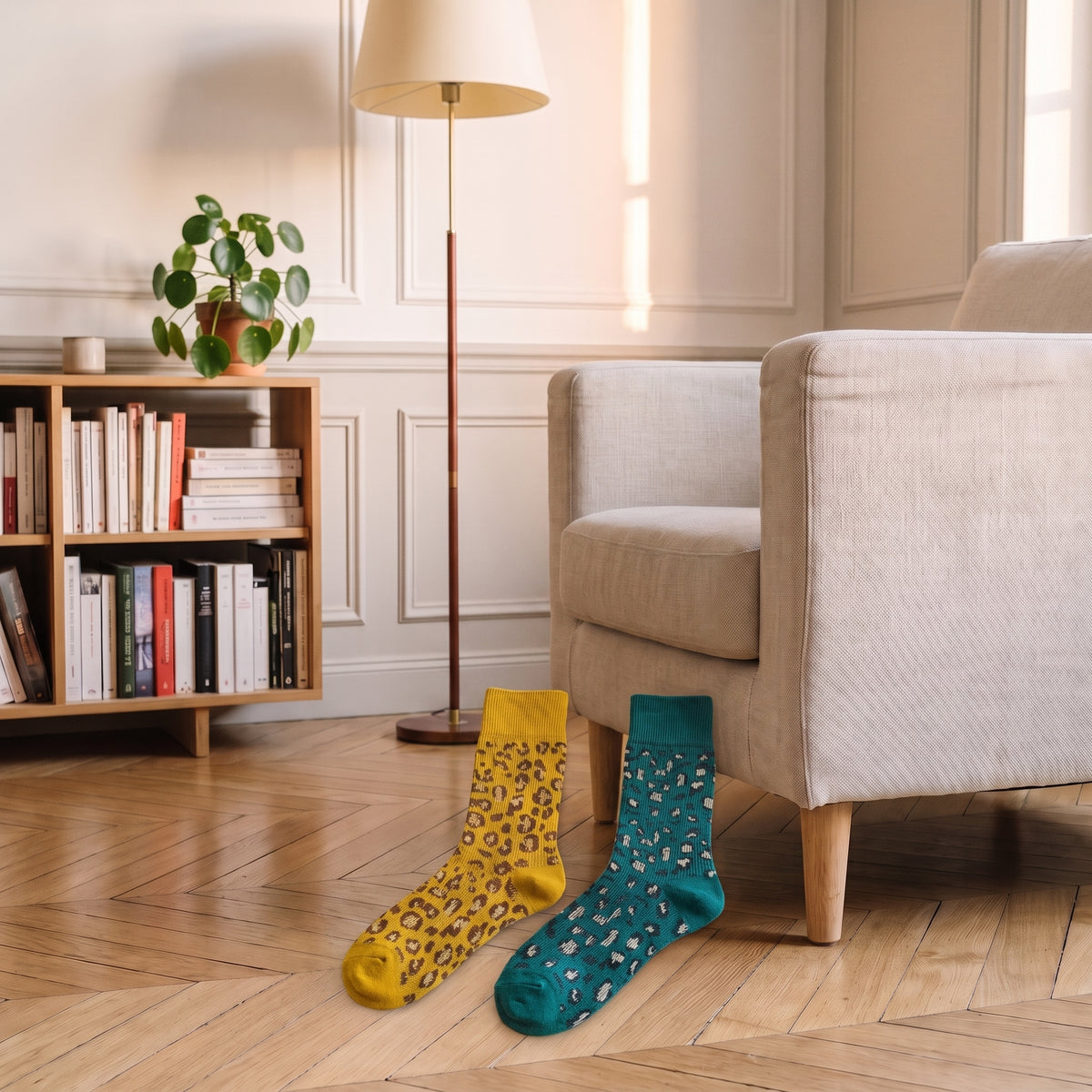 Les deux coloris côte à côte au pied du canapé écru, léopard jaune moutarde à gauche et vert canard à droite, sur le parquet en point de Hongrie