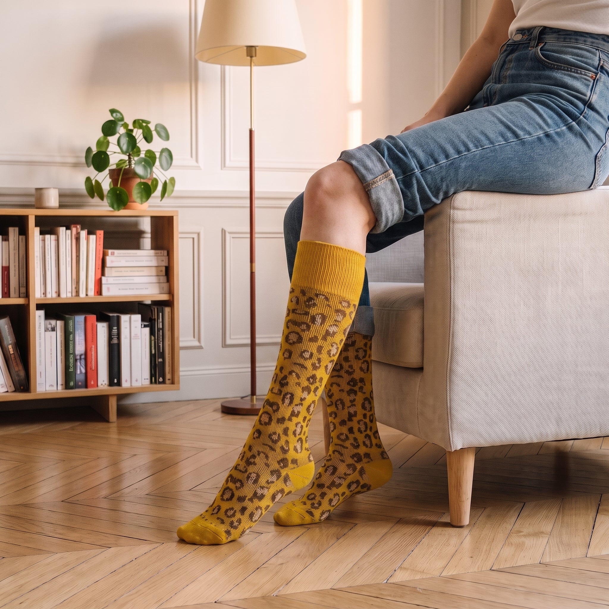 Genou nu au-dessus du jean retroussé, la large côte de la chaussette moutarde posée juste sous la rotule, jambe tendue vers le parquet Image