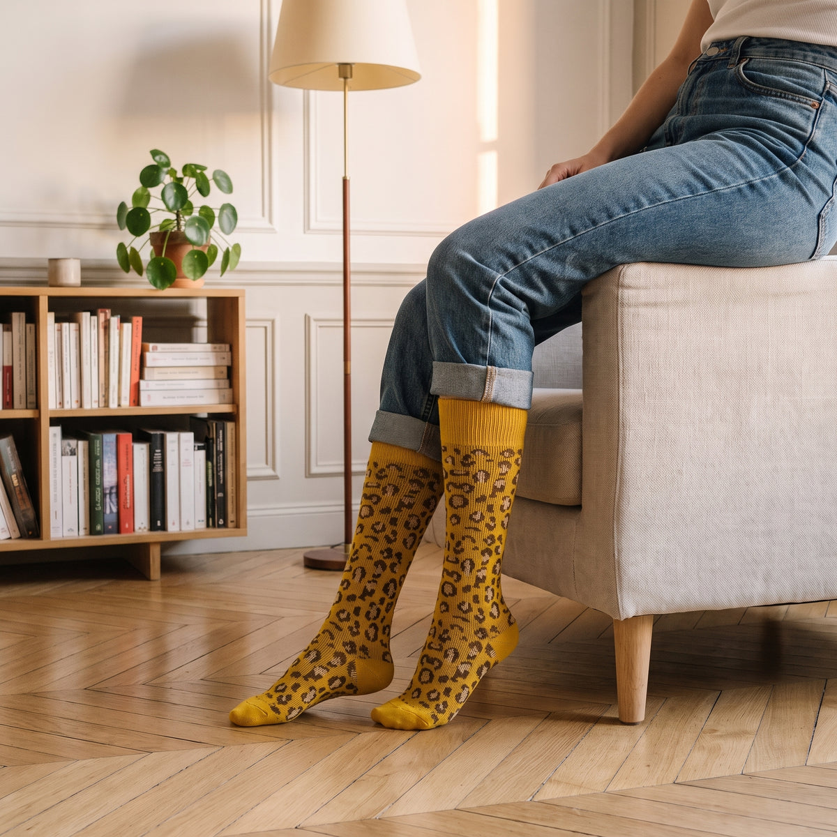 Chaussettes montantes léopard jaune moutarde portées, assise au bord d'un fauteuil, pieds posés sur le parquet