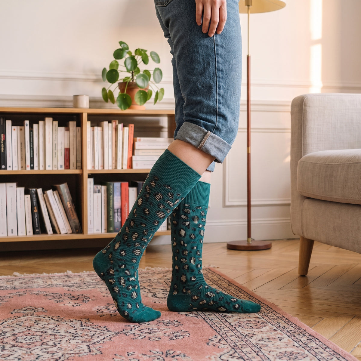 Chaussettes montantes léopard vert canard portées debout sur un tapis, vues de profil jusqu'au genou