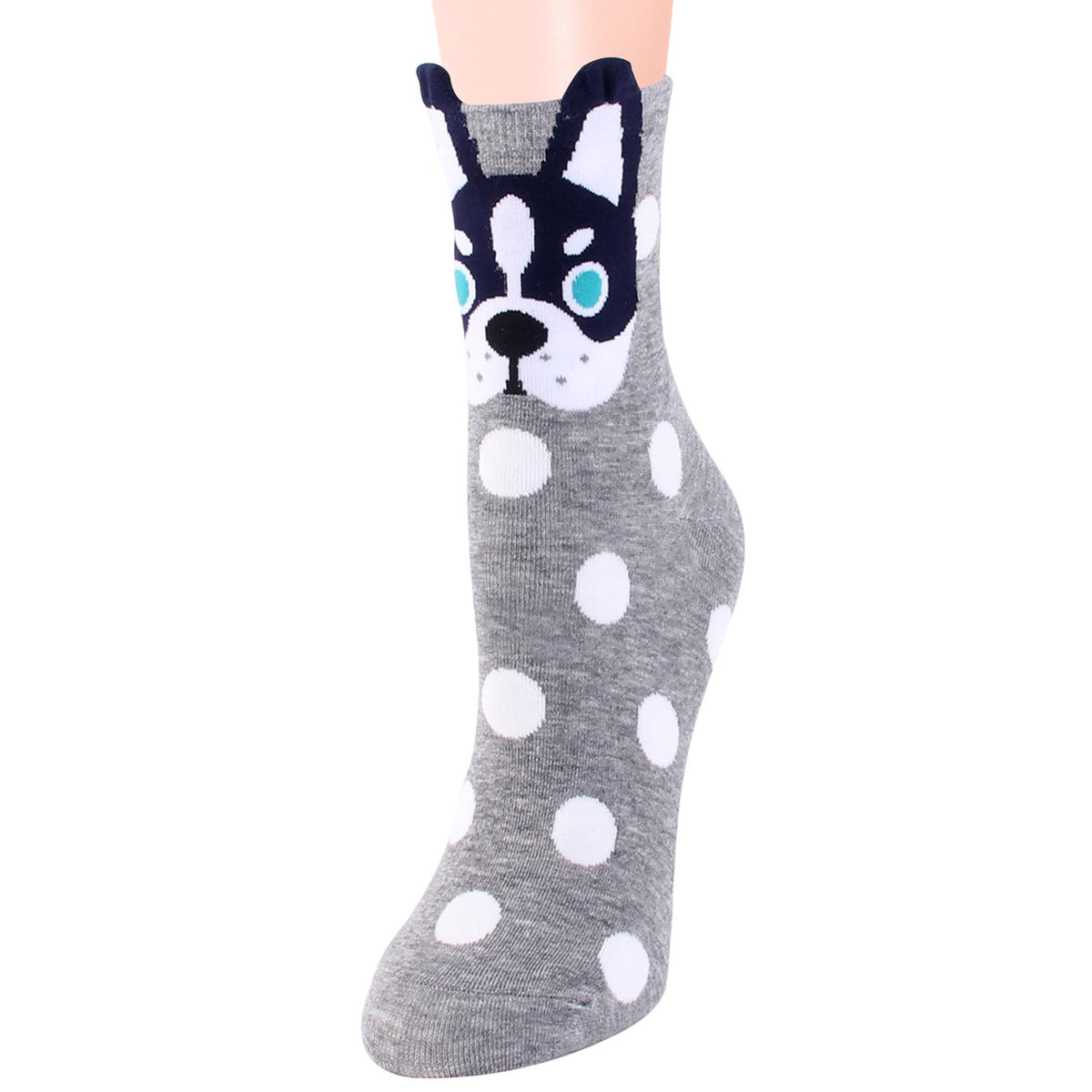 Chaussettes tête de chien grises à pois, détail du motif Image