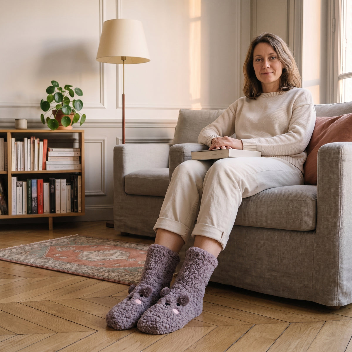 Femme du casting Moment Cocooning portant les chaussettes ourson grises dans le coin lecture Image