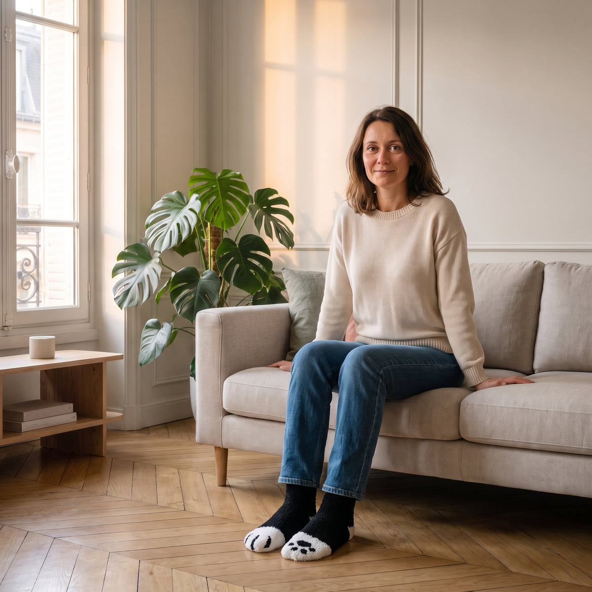 Chaussettes pattes de chat noires portées sur le canapé Image