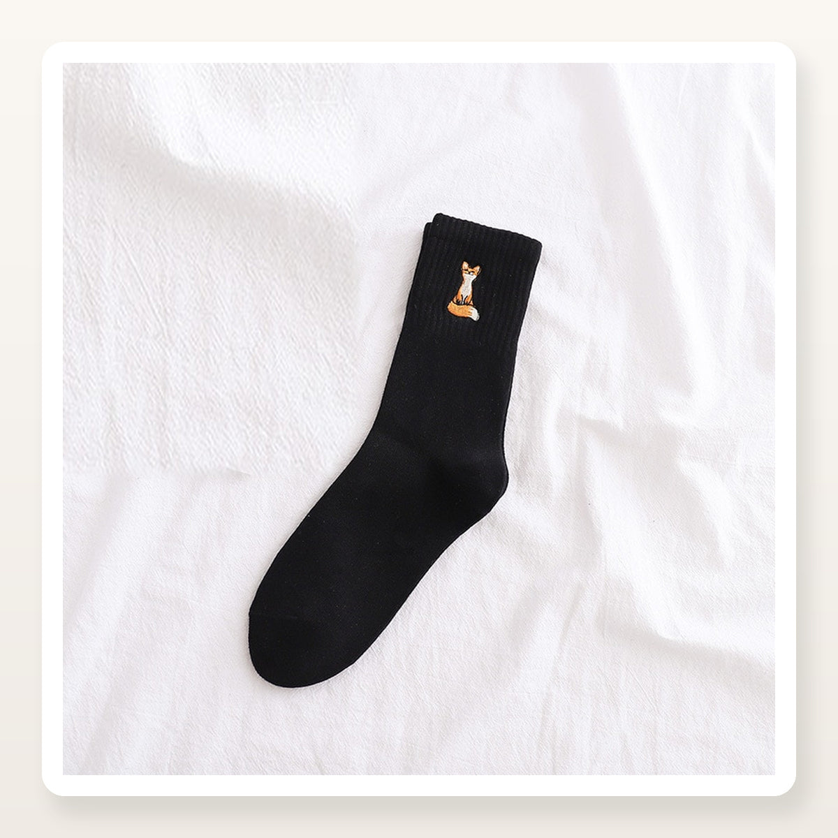 Chaussette noire en coton à renard brodé