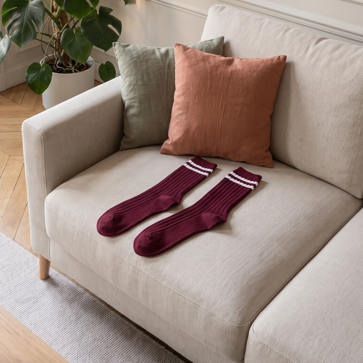 Chaussettes américaines bordeaux et blanc posées près d'un fauteuil et d'une tasse en grès