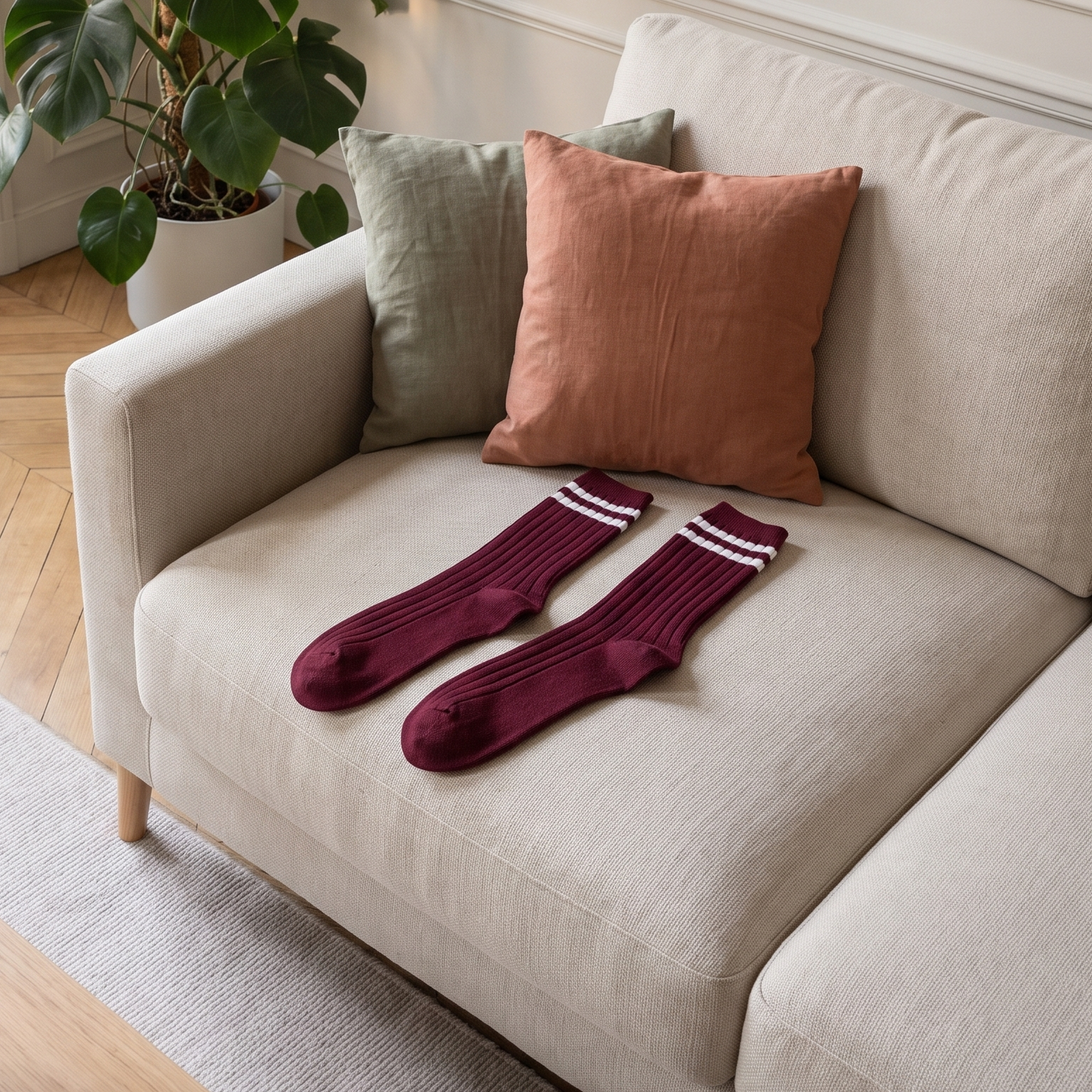 Chaussettes américaines bordeaux et blanc posées près d'un fauteuil et d'une tasse en grès Image