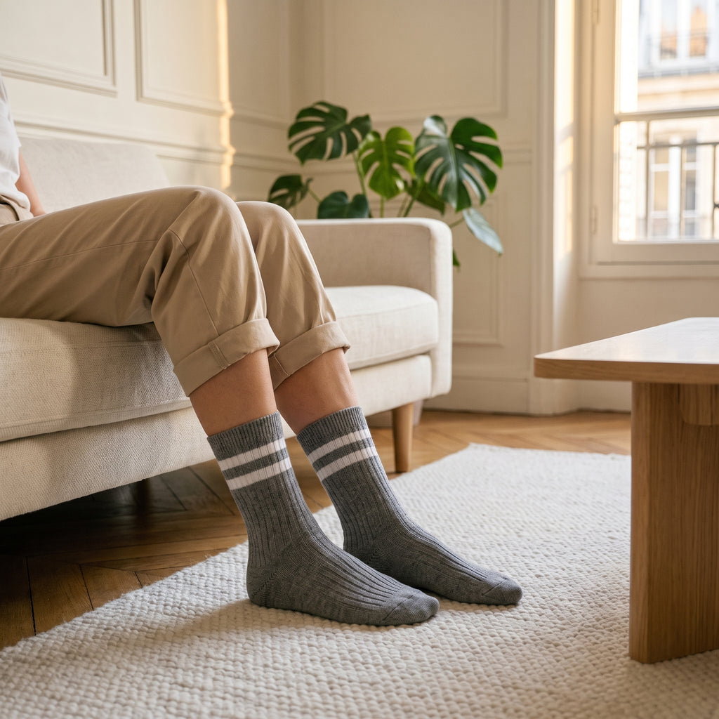 Chaussettes américaines gris foncé et blanc portées à mi-mollet dans un coin lecture
