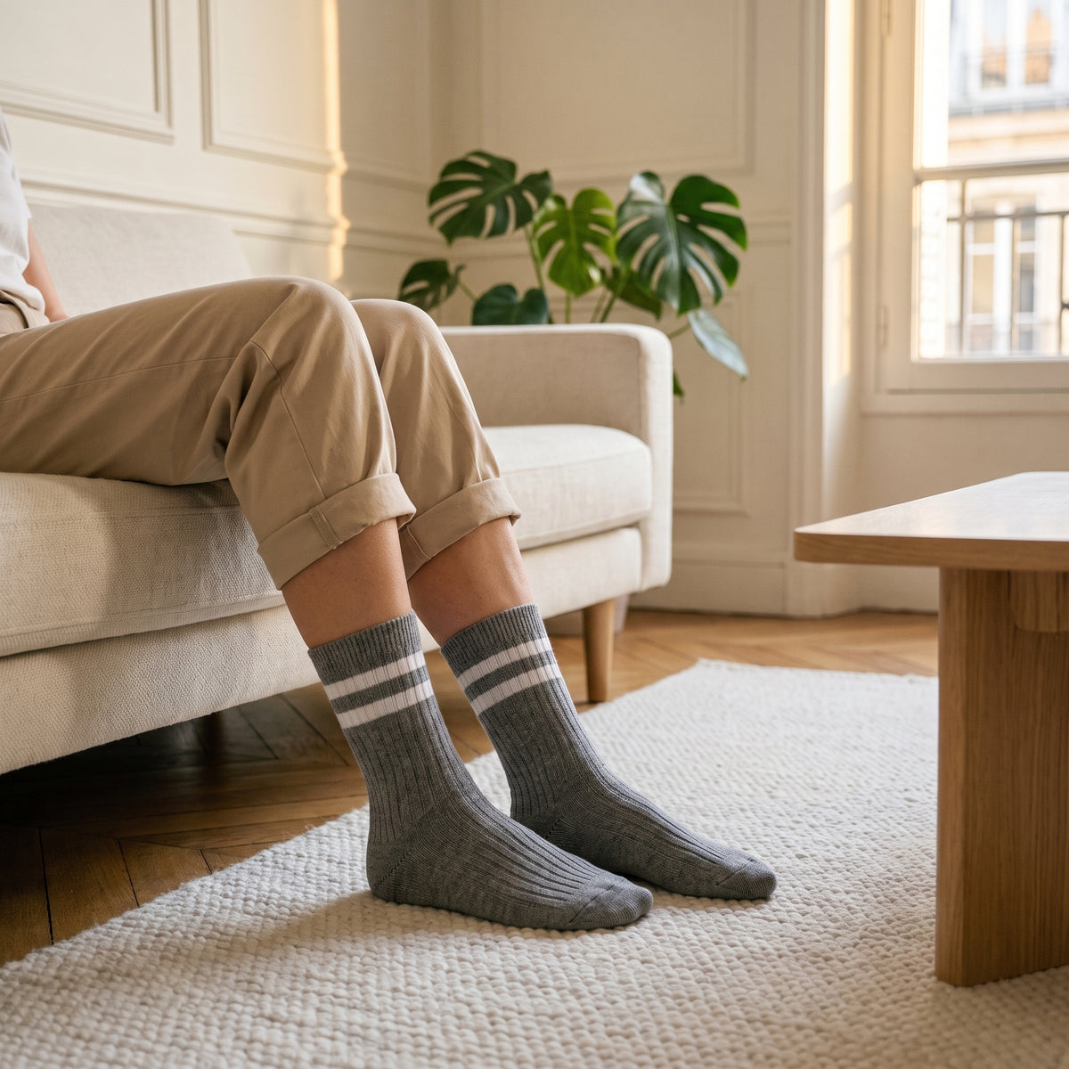Chaussettes américaines gris foncé et blanc portées à mi-mollet dans un coin lecture