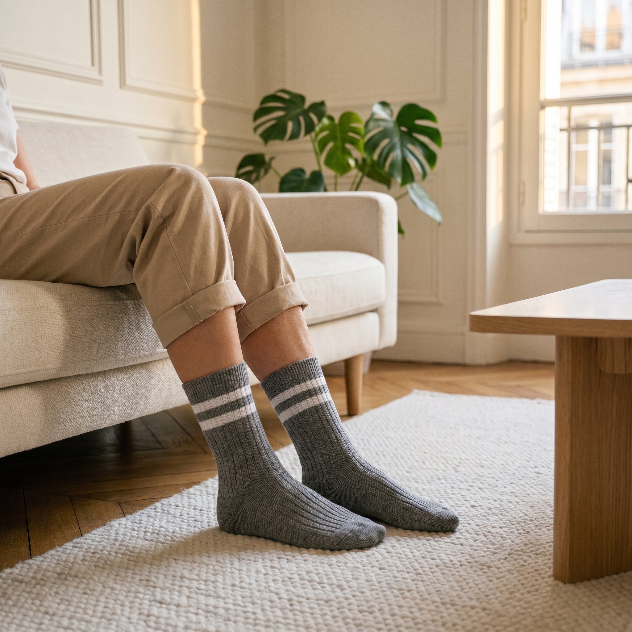 Chaussettes américaines gris foncé et blanc portées à mi-mollet dans un coin lecture Image