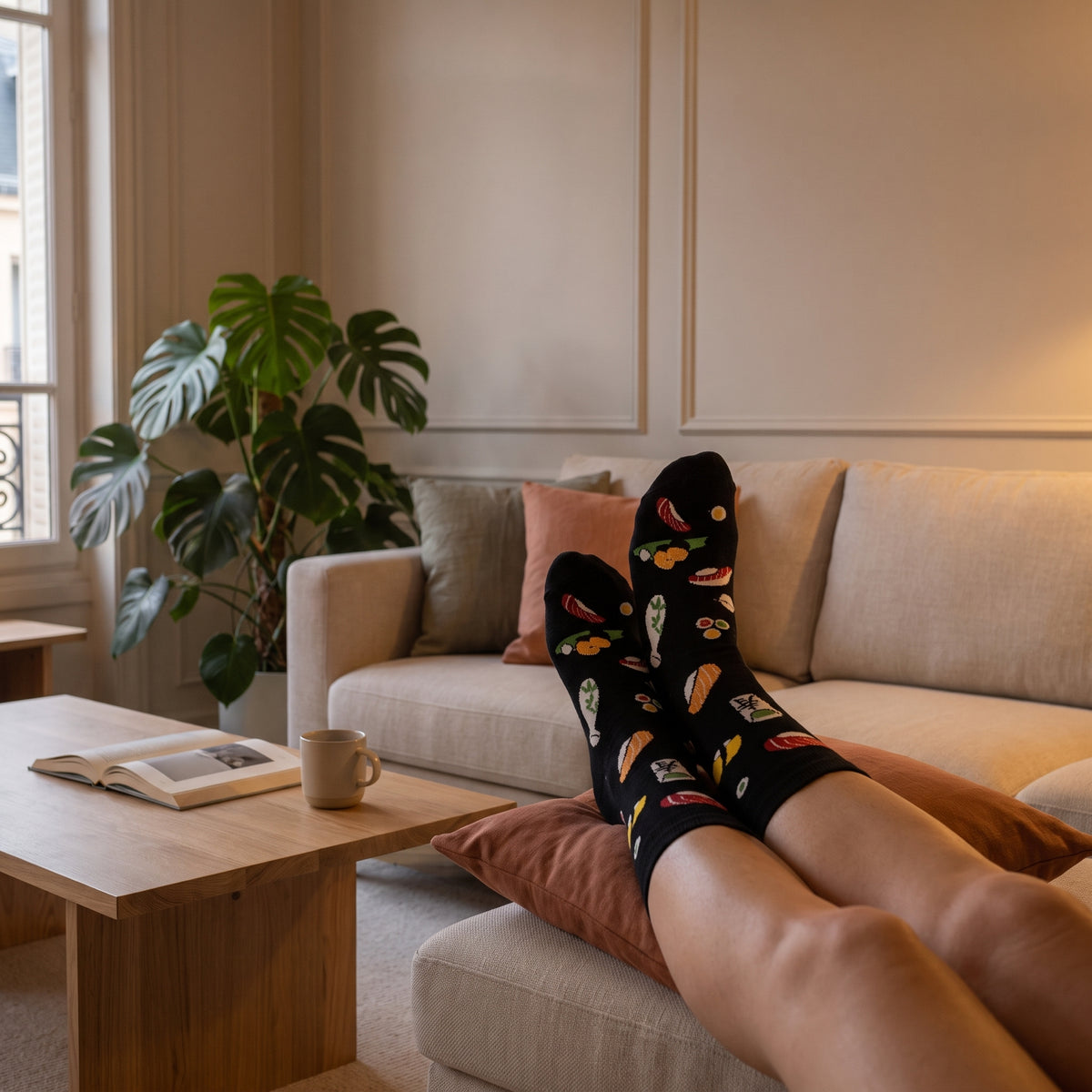Chaussettes sushi noires portees jambes croisees sur le canape le soir Image