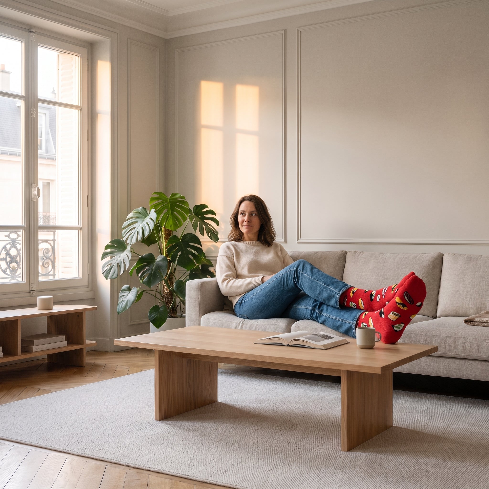 Chaussettes sushi rouges portées sur un canapé Image