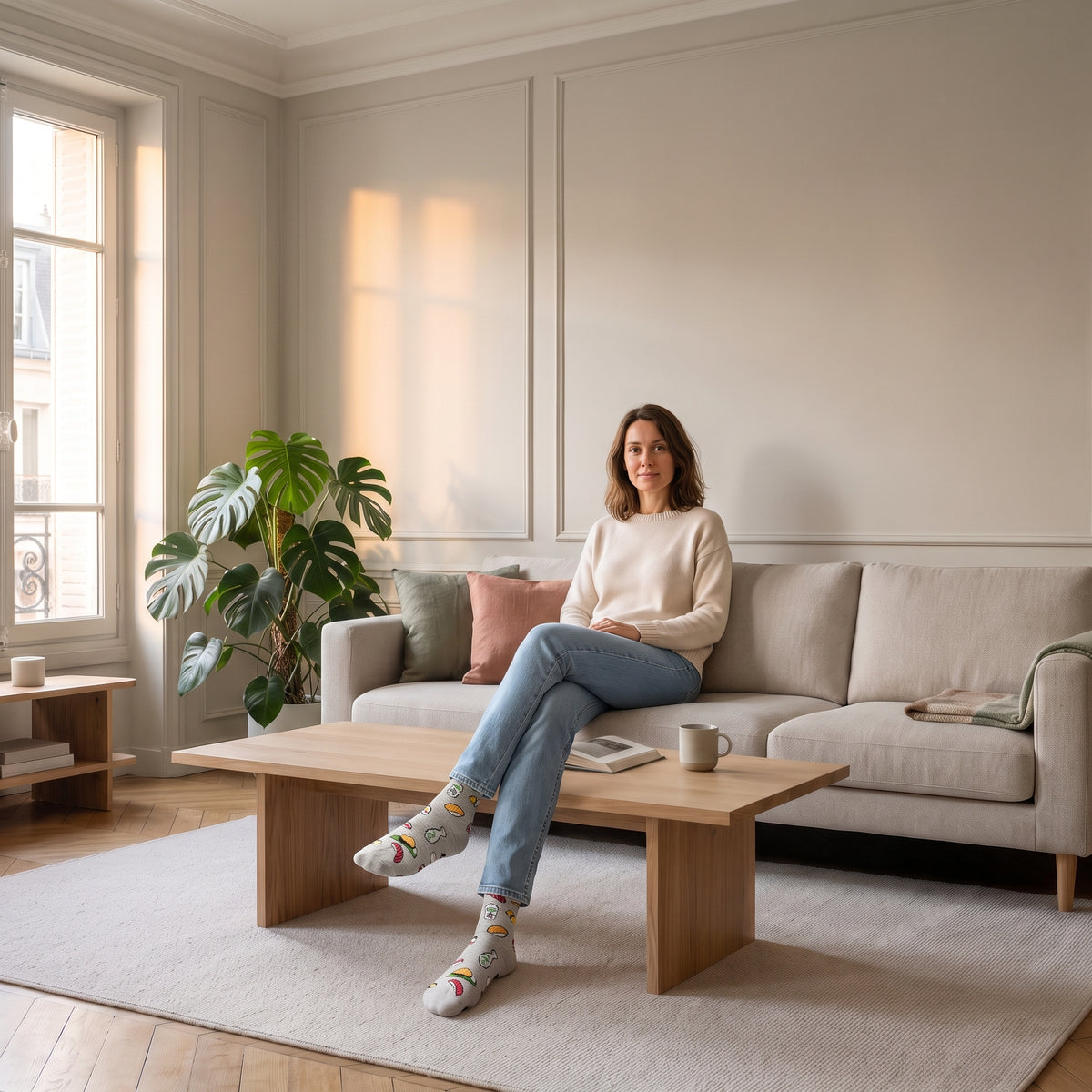 Chaussettes sushi gris clair portées dans un salon lumineux