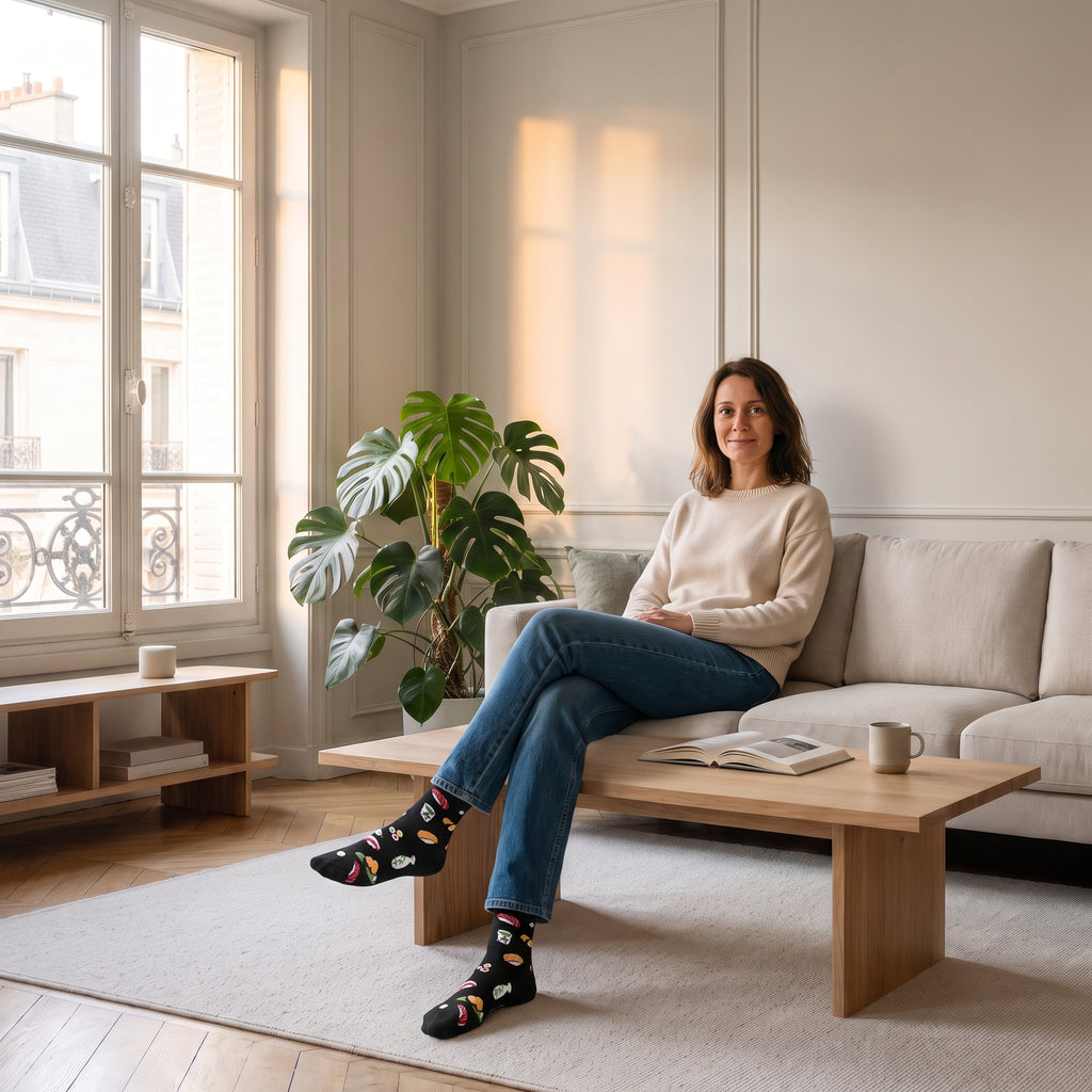 Chaussettes sushi noires portées avec un jean