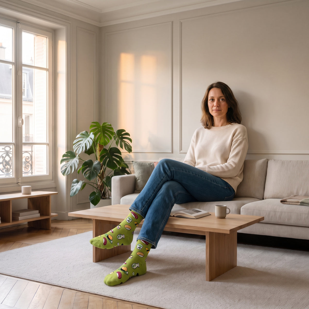 Chaussettes sushi vertes portées dans un salon lumineux