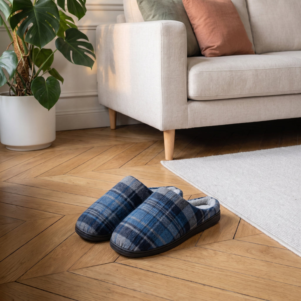 Chaussons écossais bleus posés devant le fauteuil du coin lecture