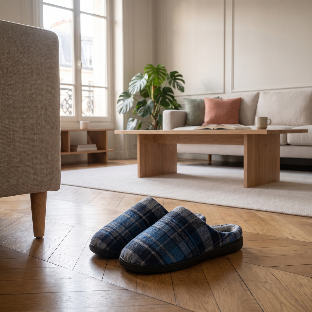 Chaussons homme écossais bleus posés au sol dans le salon